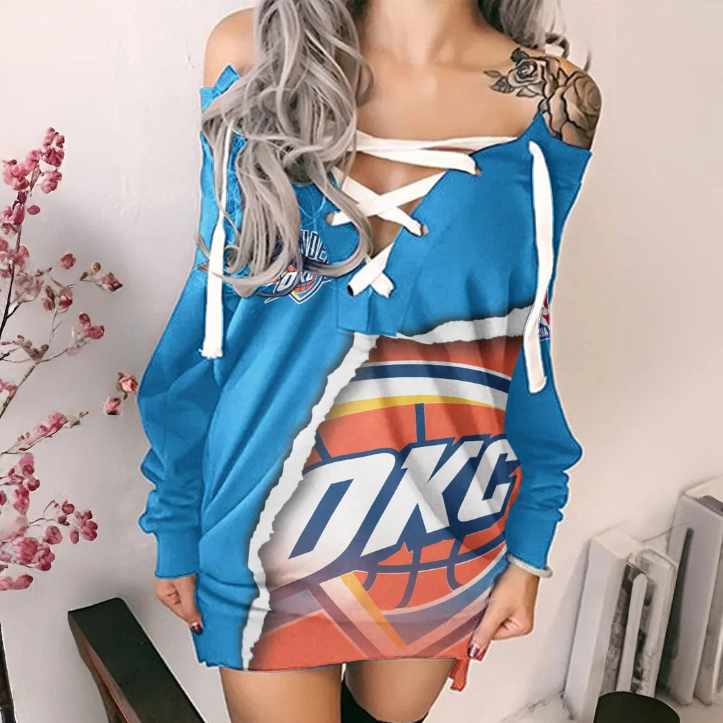Streetwear Hoop Nation Lace-Up Sweatshirt For Women, Trendy Streetwear Hoodie Dress HVN1273