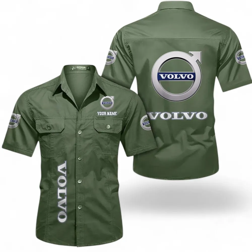 Swedish Car Brand Men's Cotton Short Sleeved Shirt, Custom Name CAR392 - Army Green