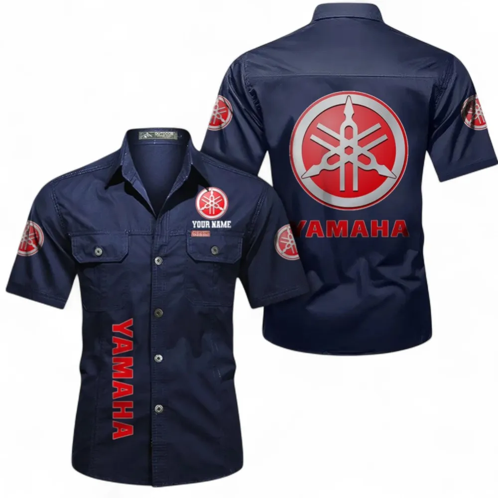 Touring Motorcycle Men's Short Sleeve Button-Up Shirt, Custom Name CAR392 - Dark Blue