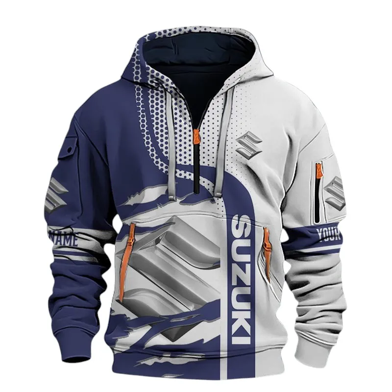Track-Ready Bike Hoodie Half Zip 3D, Sporty Urban Hoodie Style For Motor Lovers CAR398 - Blue