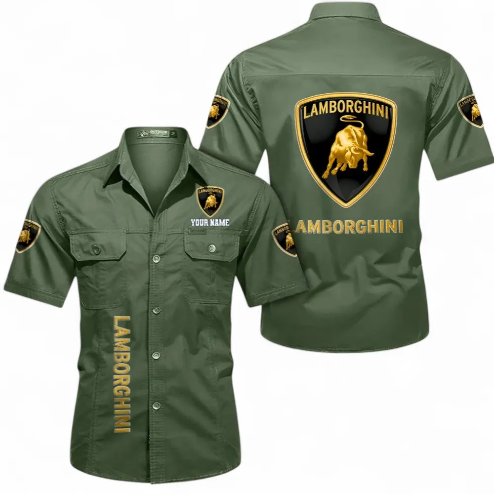 Track-Ready Supercar Men's Short Sleeve Cotton Shirt, Custom Name CAR392 - Army Green