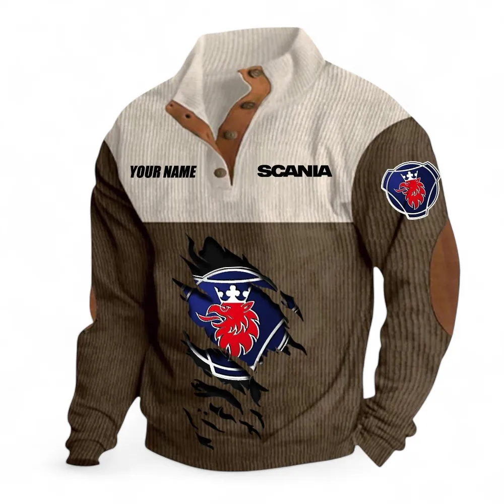 Tractor-Trailer Men's Stand Up Collar Base Shirt, Exclusive Logo Hoodie For Car Enthusiasts CAR402 - Brown