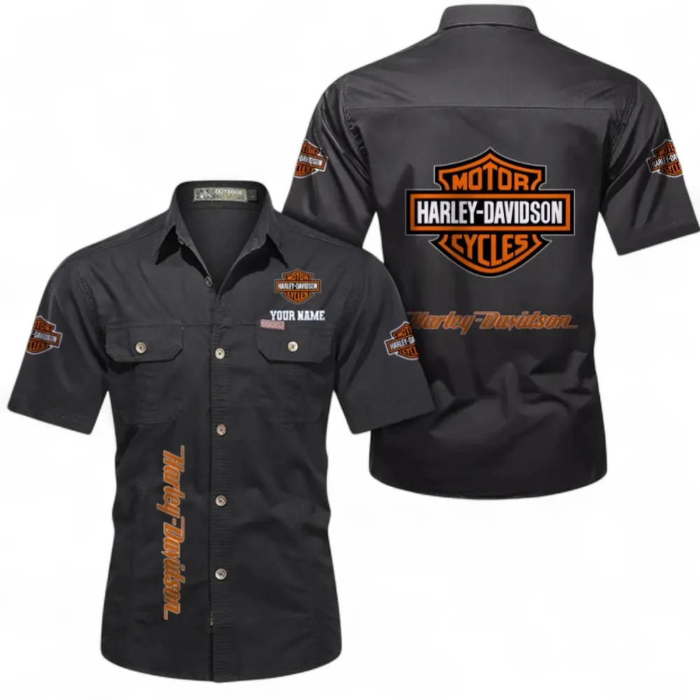 Two-Wheel Freedom Men's Cotton Casual Short Sleeve Shirt, Custom Name CAR392 - Black