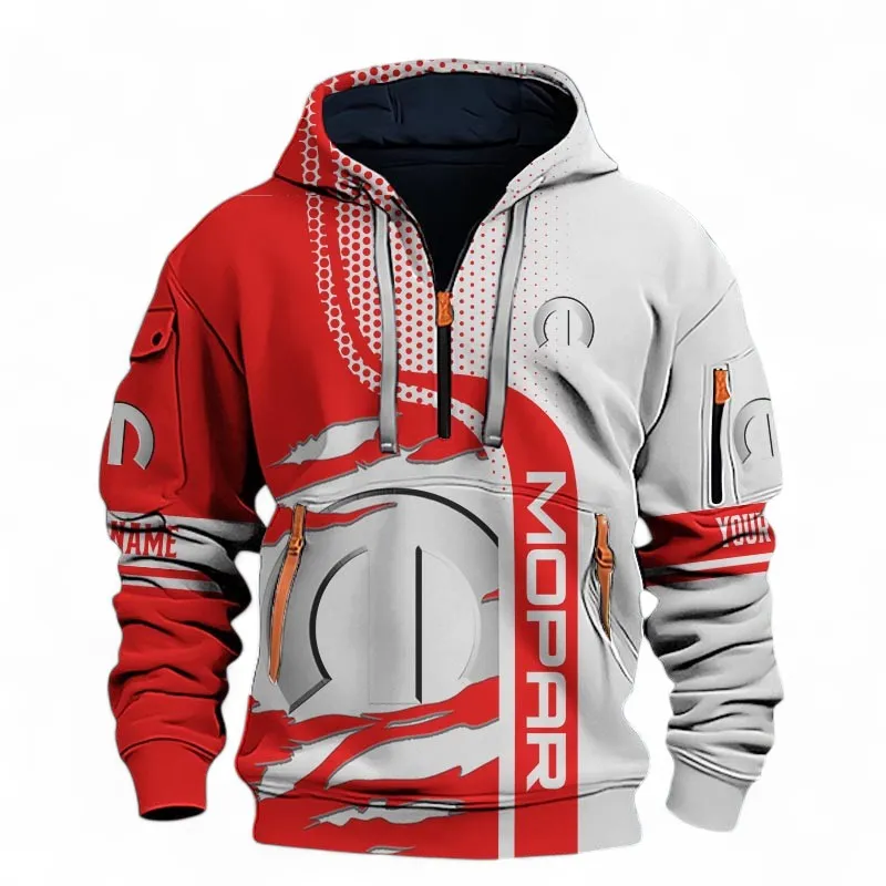 Vintage Car Tuning Hoodie Half Zip 3D, Sporty Urban Look Hoodie For Car Lovers CAR396 - Red