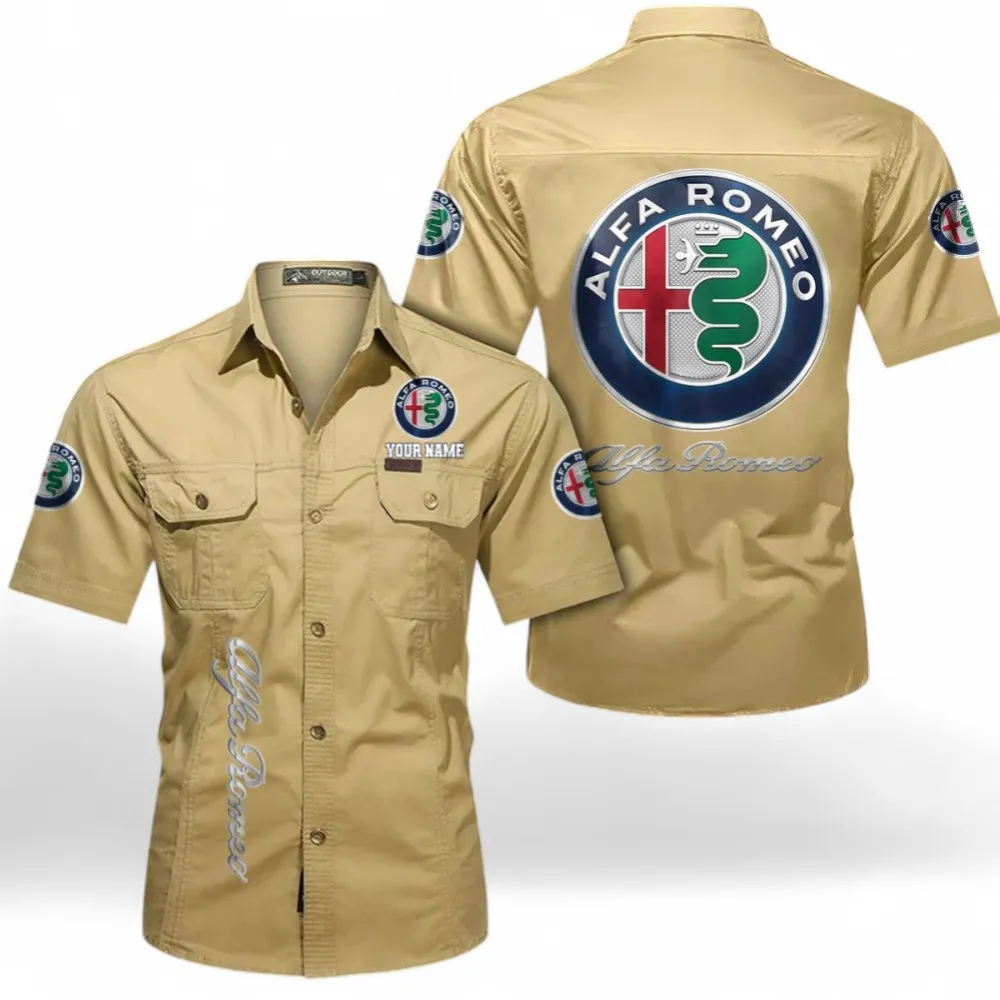 Vintage Ride Men's Short Sleeve Cotton Button Shirt, Custom Name CAR392 - Khaki