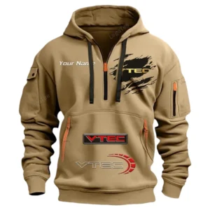 Hoodie Half Zipper Exclusive Logo Gift For VTEC Power Auto Enthusiasts CAR113 - Khaki