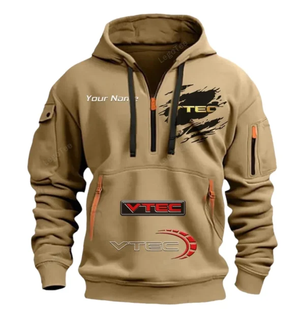 Hoodie Half Zipper Exclusive Logo Gift For VTEC Power Auto Enthusiasts CAR113 - Khaki