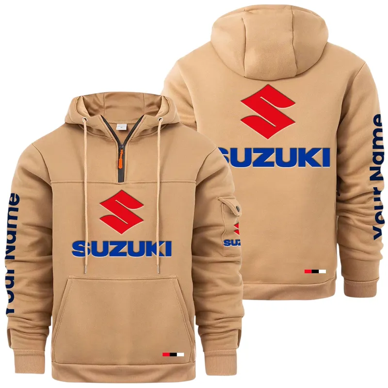 Racing Auto Large Pocket Hoodie, Car Lover's Quarter-Zip CAR514 - Khaki