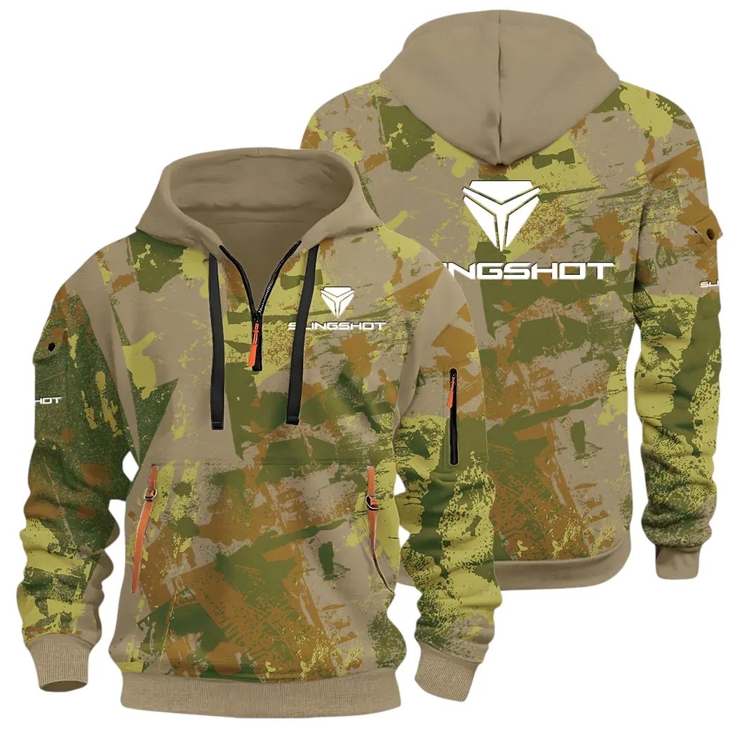 Strong Style Hoodie Half Zip 3D Print, Casual Street-Ready Hoodie CAR514 - Khaki